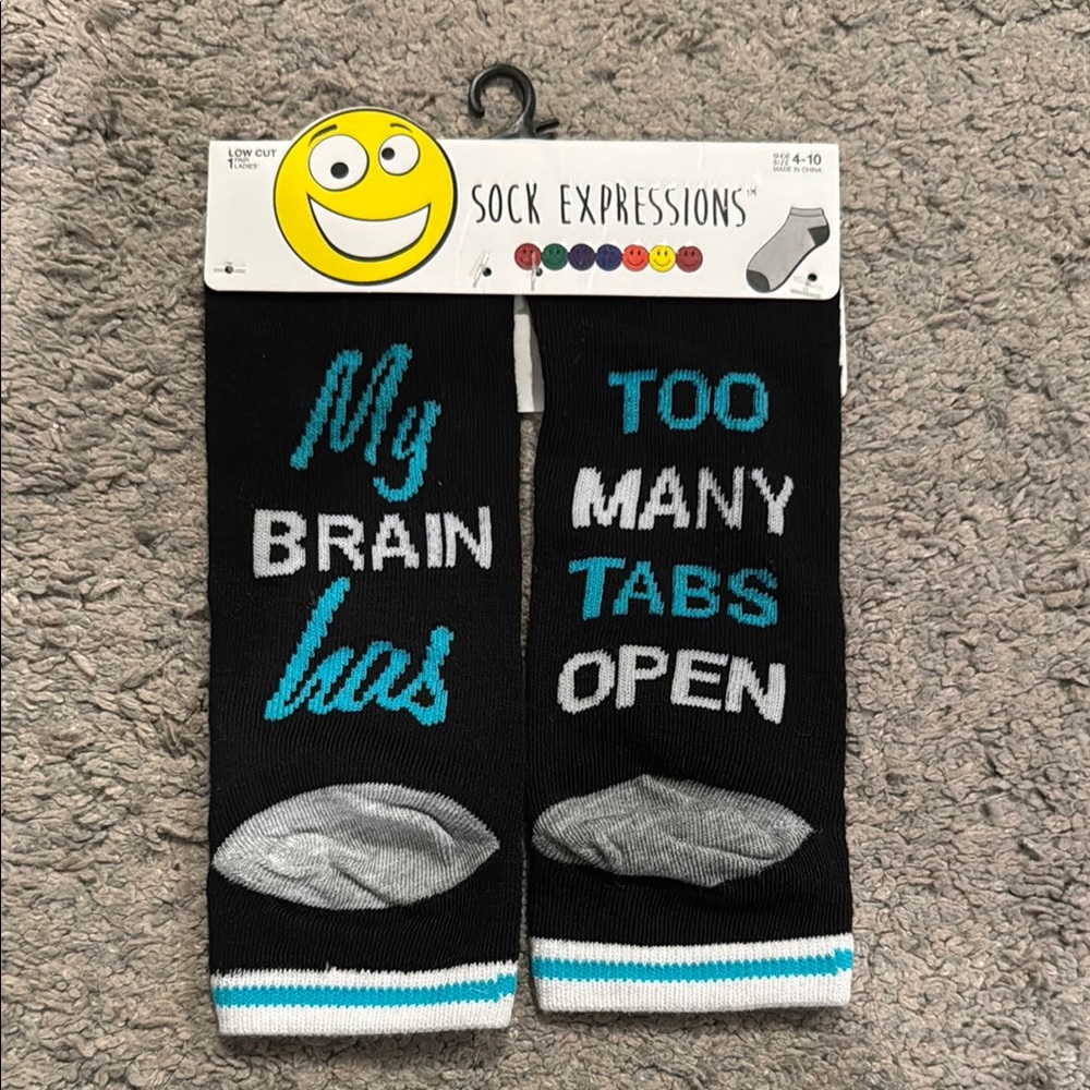 Expressions Black Novelty Crew Socks - 'My Brain Has Too Many Tabs Open'
